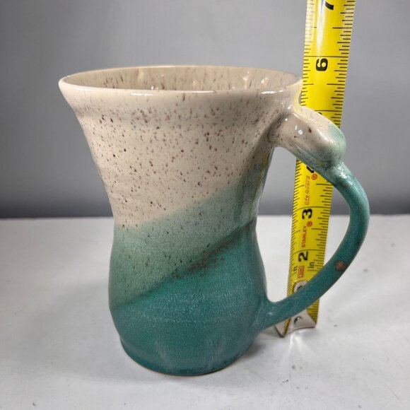 Art Pottery Vase Handmade Ceramic Speckled Tan Teal Green Gradient Glaze Signed - Picture 7 of 8
